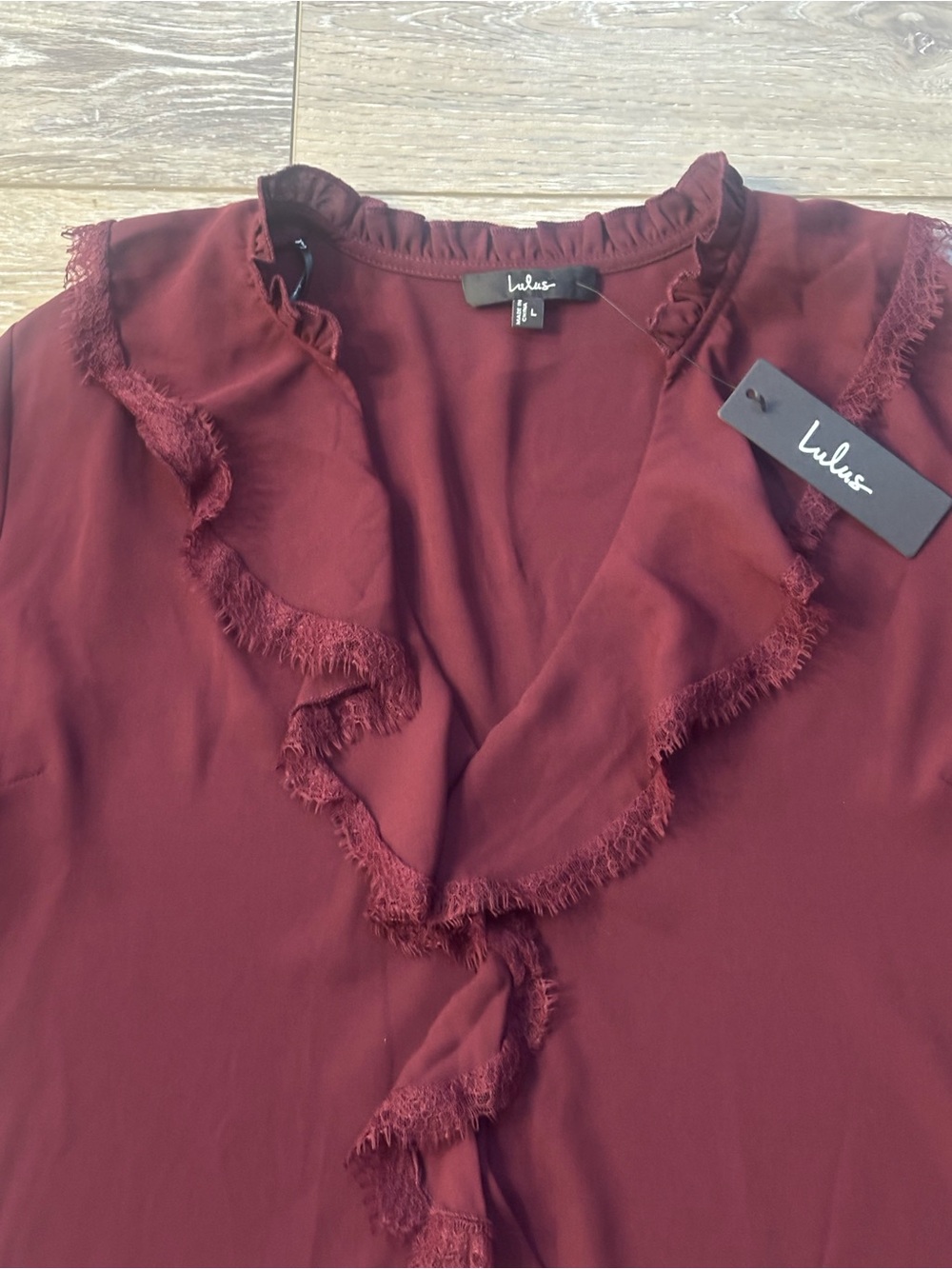 Lulus Jess Top Sz L Burgundy Ruffled Lace Boho Office Romantic Date Night NWT - Picture 5 of 10